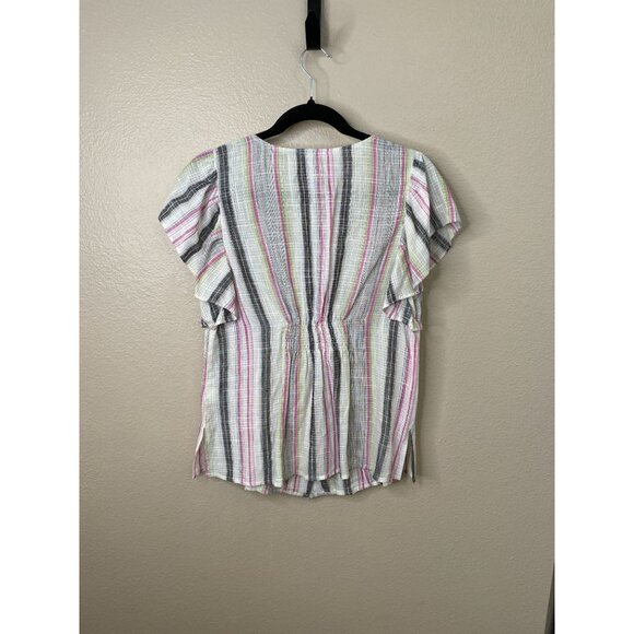Cupio Womens Striped Button-Front Top Ruffle Sleeves M Multicolor Rayon Linen - Picture 2 of 5